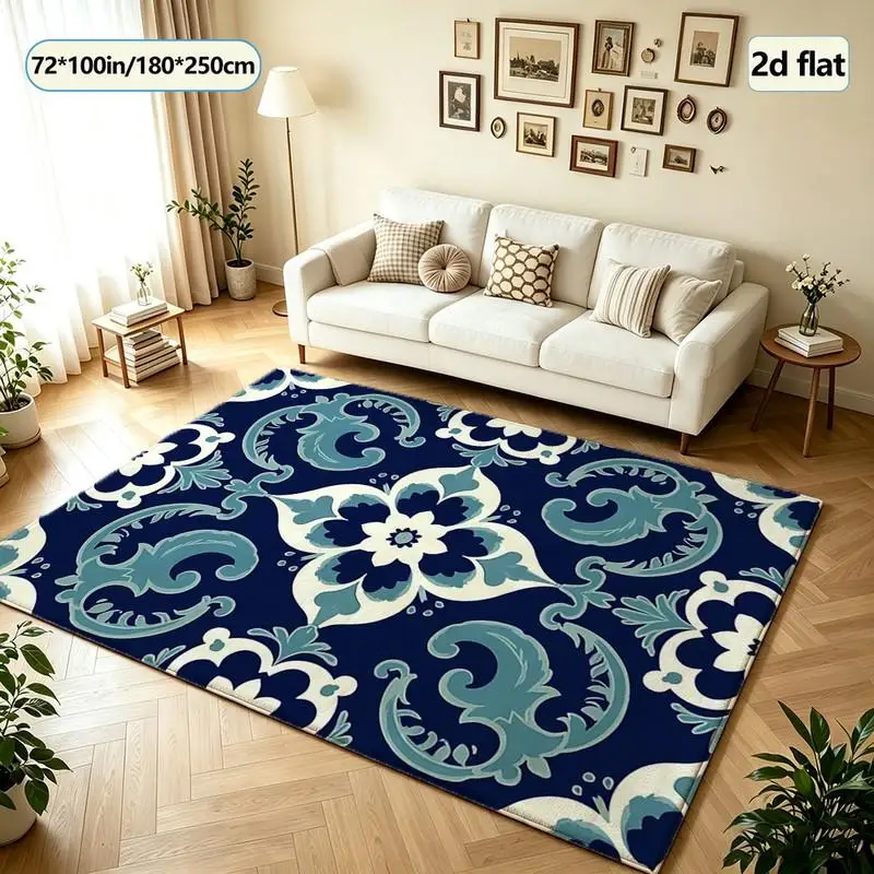 Retro Blue Floral Pattern Printed Carpet Washable Carpet Non-Slip Indoor Home Living Room Decorative Mat
