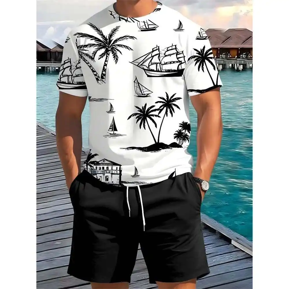 

Men's round Ne Printed Two-Piece Set Casual ort Sve orts Set Comfortable Cotton Lycra Blend Youth Faion
