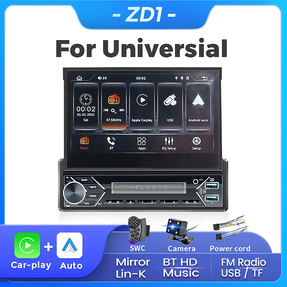 

1Din Wireless Car Play Android Auto 7inch Multimedia Video Player HD Retractable Screen Mirror Link Radio Stereo MP5 FM USB AUX