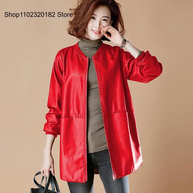 Baseball Jacket Medium Length Leather Coat Windbreaker Jacket Women