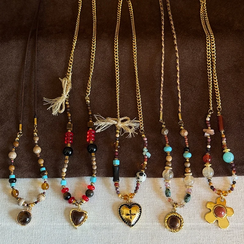 

Stones Tiger Eye Stone Beaded Heart Pendant Necklace Elegant Collar Chain For The Chest High End Versatile Jewelry