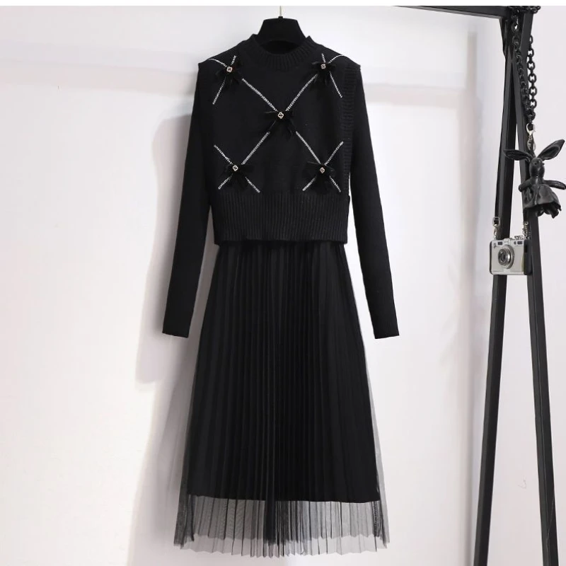 Woman Suit Fashion Loose Sweater High Waist Mid Length Skirt Female Two-piece Set Ladies Elegant Streetwear G902