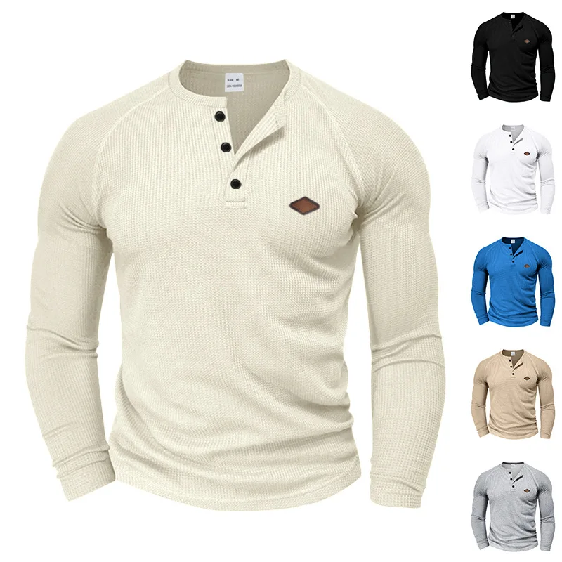 

2025 MEN'S casual sleepvet waffle fabric thin breathable button shoulder casual Henley shirt long sleeve for spring autumn