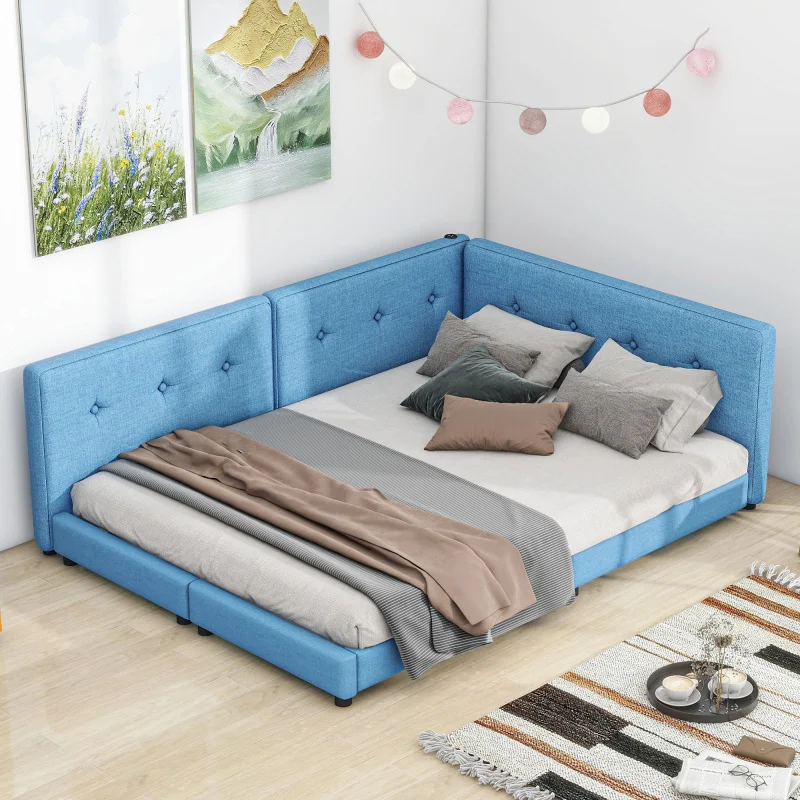 

Upholstered Queen Size platform bed with USB Ports, Blue