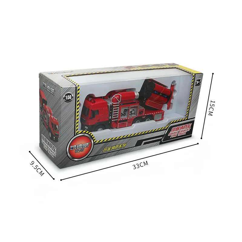 Modello di camion dei pompieri in lega 1:50 Veicolo di salvataggio di scarico di fumo resistente Diecast in metallo Suono leggero Tirare indietro Giocattolo Regalo da collezione