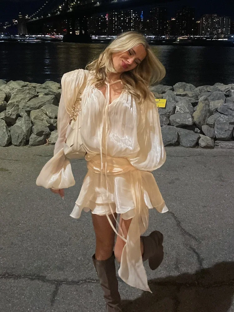 Elegant Ruched Mini Dress For Women Round Neck Lantern Long Sleeve High Waist Temperament Dresses Female Fashion 2025 CLOTHING image 3