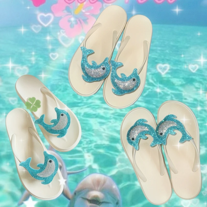 

Новые женские пляжные шлепанцы Y2K в стиле ретро с дельфинами и стразами, милые и стильные, для повседневного использования на пляже и улице