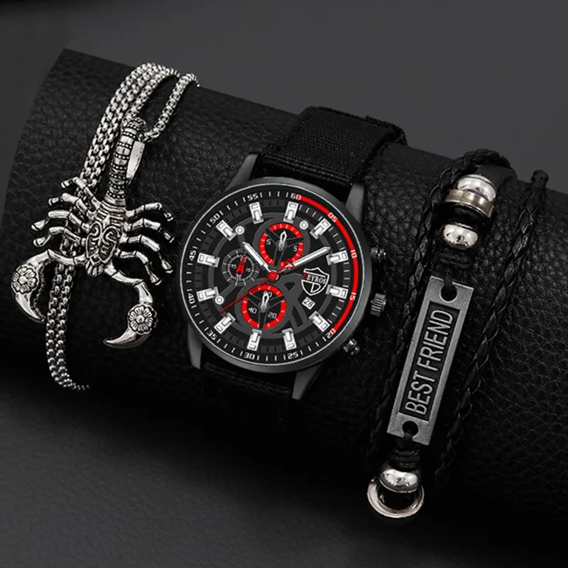 3PCS Set Fashion Mens Simple Watches Men Necklace Bracelet Nylon Quartz Watch Male Business Casual Wrist Watch