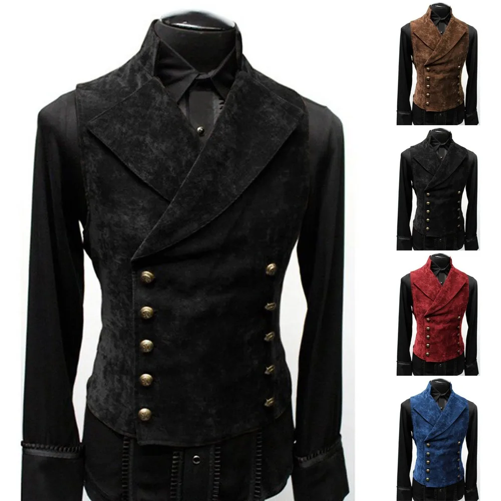 

Autumn Men\\'s Gothic Retro Double Breasted Vests Jacket Solid Color Waistcoat Cosplay Costume Victorian Vest Tops For Man