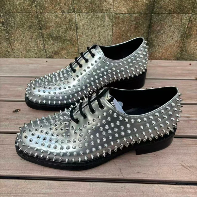 SHOOEGLE High Quality Silver Men Lace-up Studs Rivets Shoes Trending Luxury Young Party Wedding Dress Shoes for Man Size EU38-47