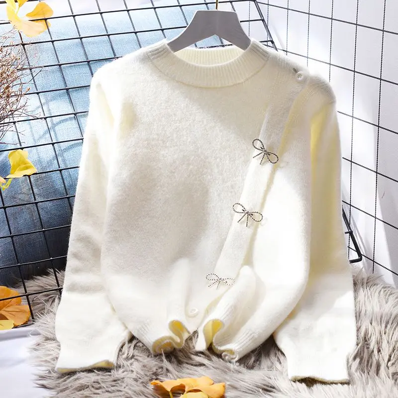 

2024 Autumn Winter Korean Fashion Bow New Cashmere Sweater Women's Knitted Pullover Loose Thick Warm Top Pull Femme V8