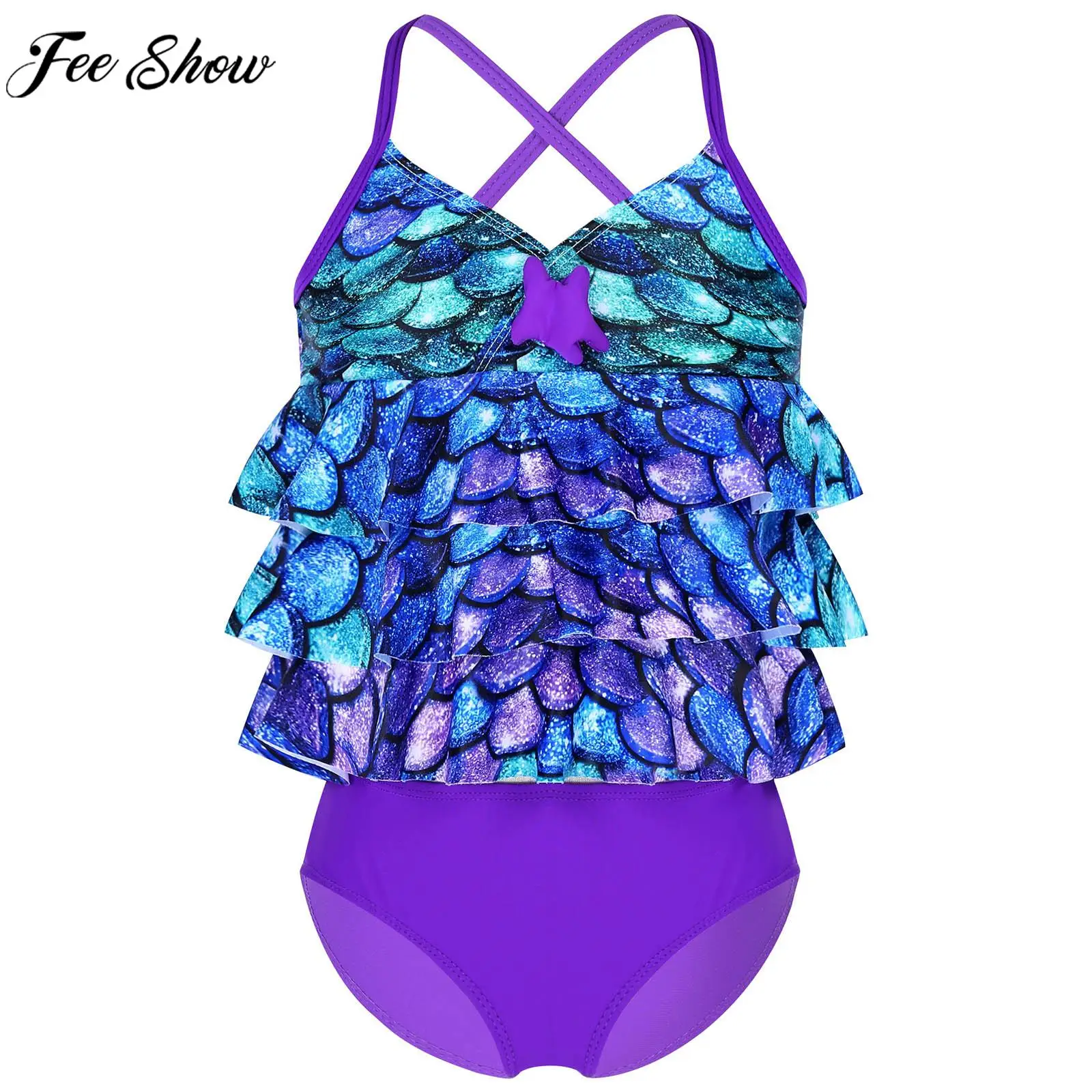 

Girls Mermaid Scales Print Swimwear Two-piece Bikini Swimsuit Bathing Suit Tops with Briefs Tankini Swimming Clothing Beachwear