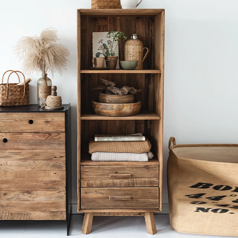 American retro display cabinet solid wood old pine movable bookcase living room dining room compartment locker