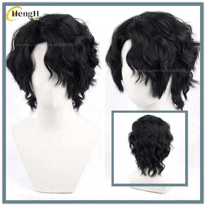 In Stock Anime Synthetic Sakusa Kiyoomi Wig 30cm Black Curly Cosplay Anime Wig Heat Resistant Hair Halloween Party Wigs +Wig Cap