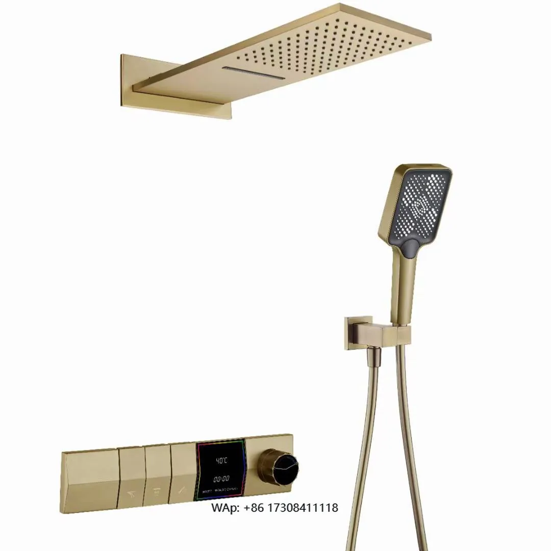 

Single Handle Rainfall Shower Set in Brushed Gold ABS and Brass Material Temperature Display Waterfall System for Apartments