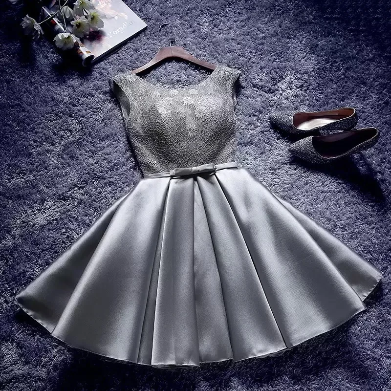 Edle graue Spitze Satin billige kurze Abendkleid elegante O-Ausschnitt ärmellose Party Abschluss ball A-Linie Kleid plus Größe Abendkleid l