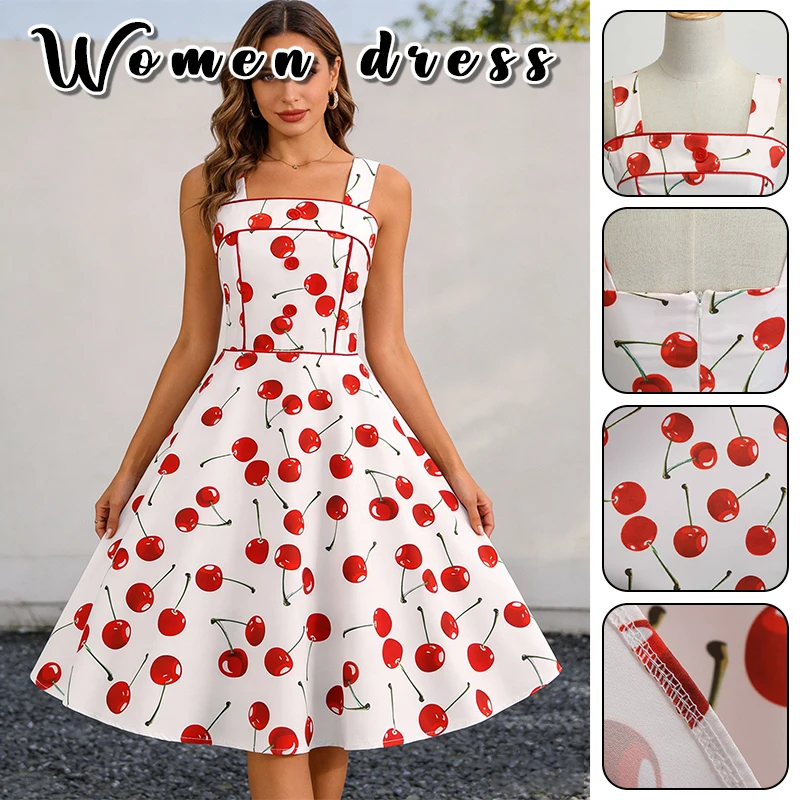 Vestido de verano sin mangas con estampado de cerezas para mujer, sexy, sin espalda, estilo A, con tirantes, estilo playero, camisola, hombros descubiertos