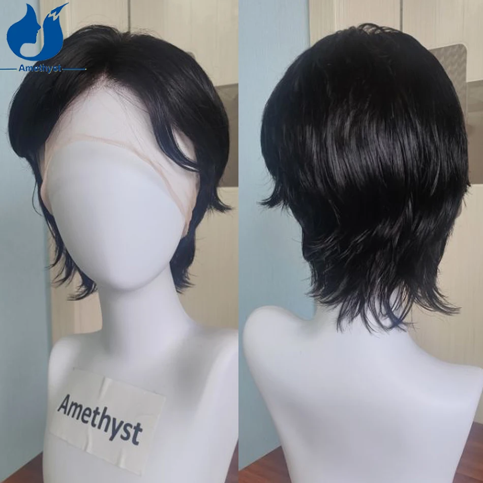 

Amethyst Wet Wave Short Mullet Wig for Men Middle Part Shaved Sides Full Lace Brazilian Remy Human Hair Natural Black