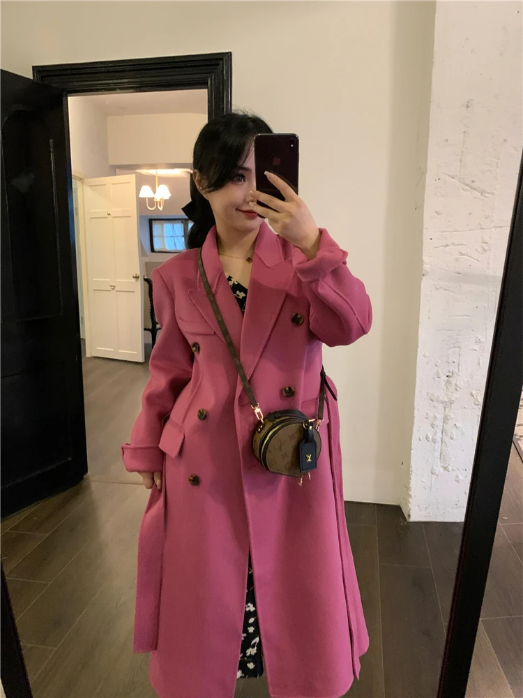 

Пальто ручной работы из двусторонней шерсти с воротником-стойкой, розовое, женское, зимнее, модное, класса люкс, элегантное, стильное