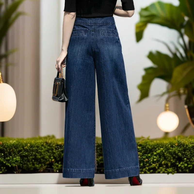 New High-waist Versatile Nine-point Wide-leg Pants for Women Jeans Casual Loose Slim Straight Pants