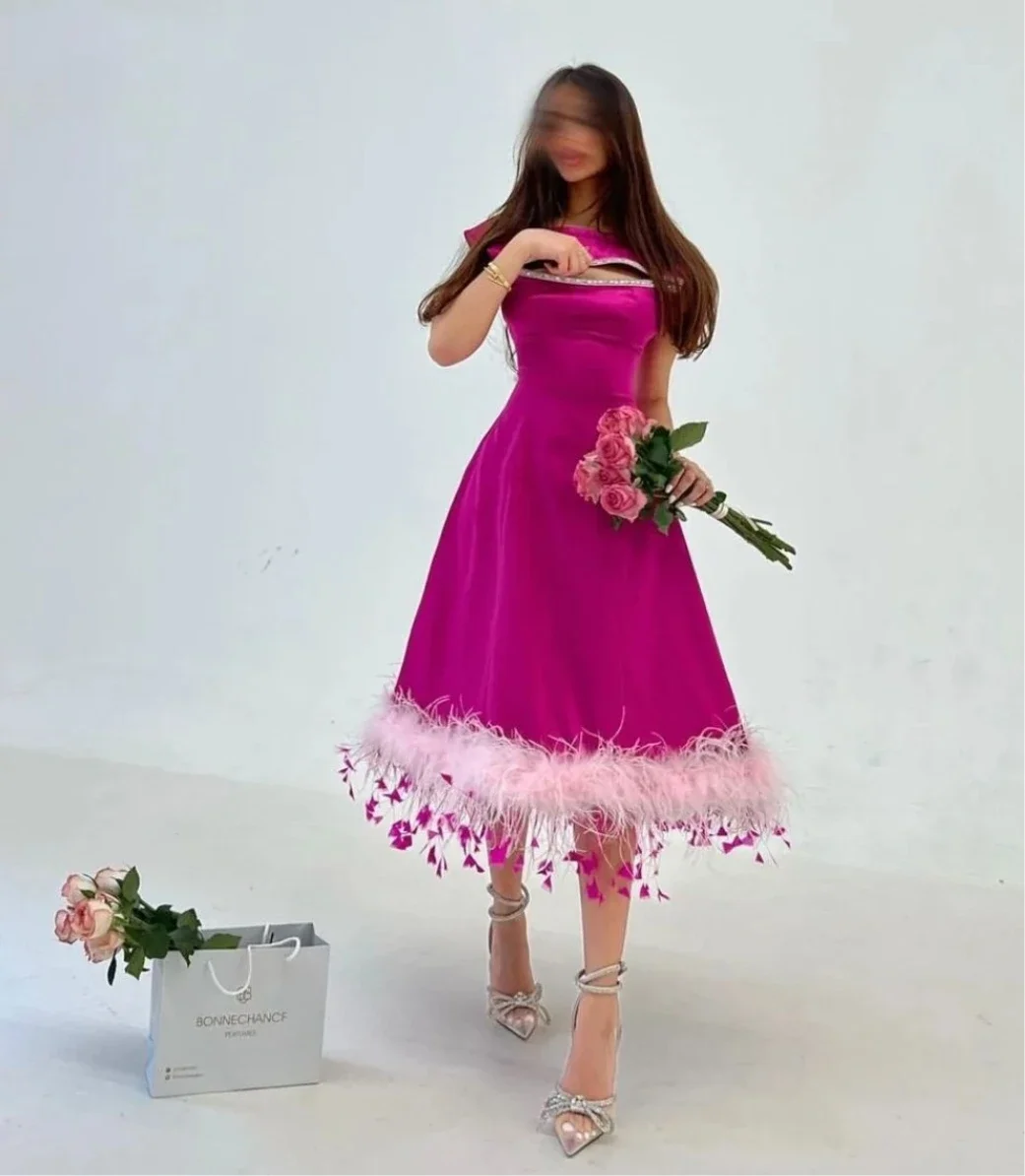 Customized Saudi Arabic A-Line Prom Dresses Feathers Sleeveless Glossy Womens Evening Dress Formal Occasion Party Dresses