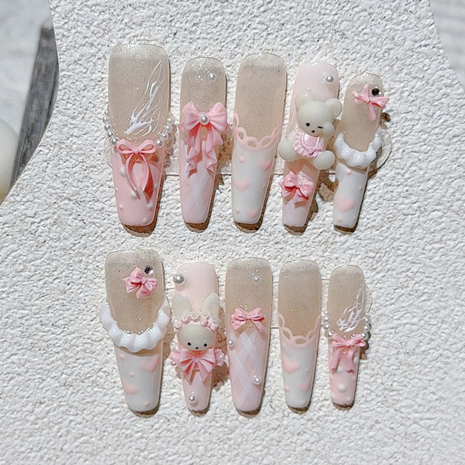 10Pcs Cute Pink Sugar Bear Fake Nails with Bowknot Decals Long T Shaped Handmade False Nails for Women Girls Party Wearing
