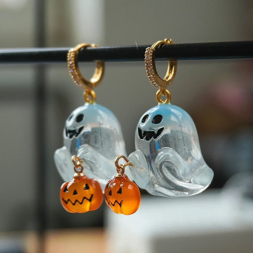 YILUOCD Charming Halloween Ghost Pumpkin Hoop Earrings Cute Rabbit Pumpkin Resin Drop Earrings Halloween Jewelry For Women