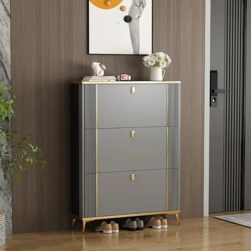 

Shoe Cabinet with 3 Clamshell Drawers, Modern Slim Hidden Shoe Storage and Freestanding Tipper Rack with Narrow Entry Grey