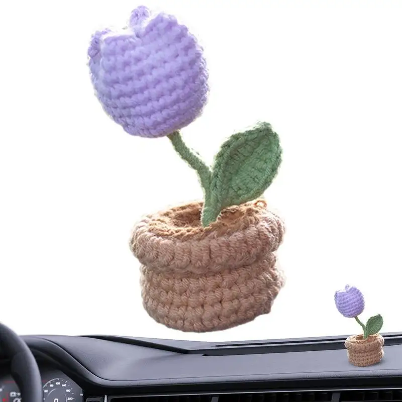 Car Center Console Ornaments Hand knitted Diy Mini Potted Plants Smiling Sunflower Crochet Single Head Car Dashboard Ornaments