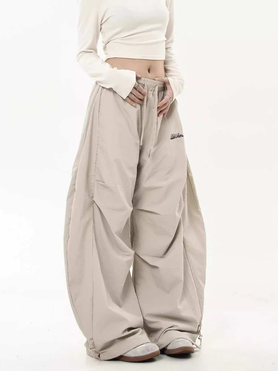 American High Street Fce Lined Wide Leg Casual Pants Women's Autumn Winter Elastic Waist Dstring Loose Casual Trousers