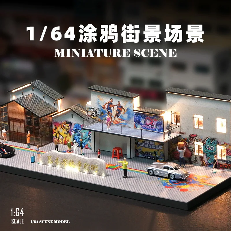 1:64 Miniature graffiti wind square building model with lights assembled micro-scene decoration high penetration dust cover