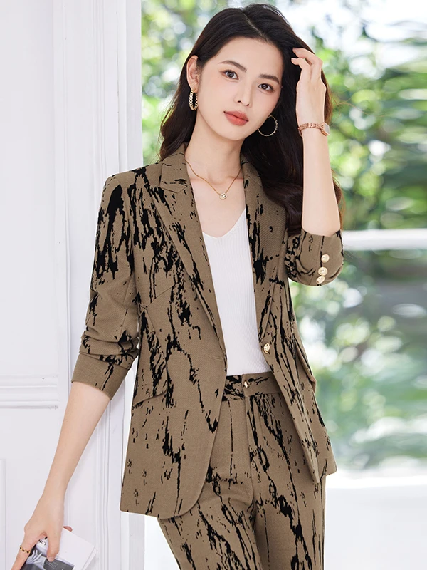 

Elegant Printed Suit Set Women's Fashion Slim Fit Long Sleeve Two Piece Set Commute Style Polyester Fiber Regular Thickness