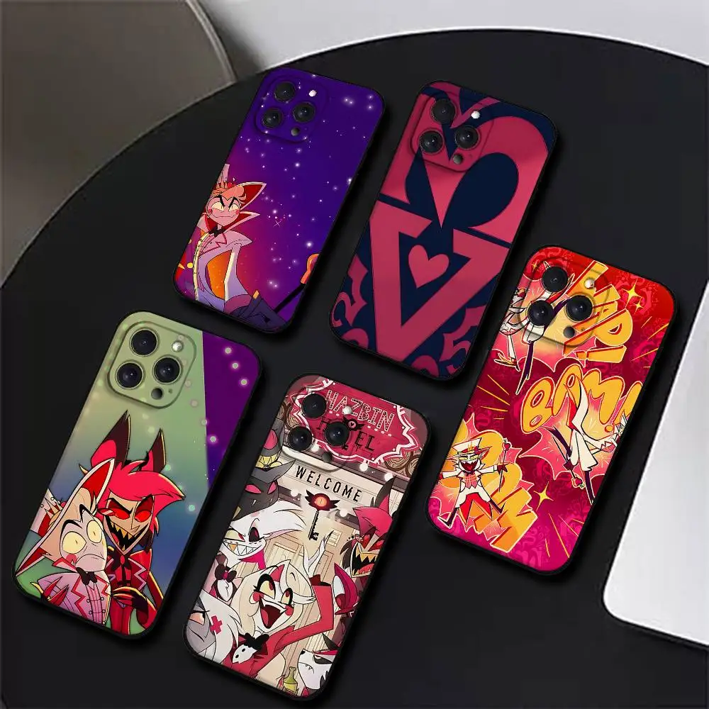 حافظة هاتف H-Hazbin H-Hotel لهاتف IPhone 17,16,15,14,13,12,11 Plus,Pro,Max,XR,XS,X,7,8 Plus,Mini Black Silicone Soft