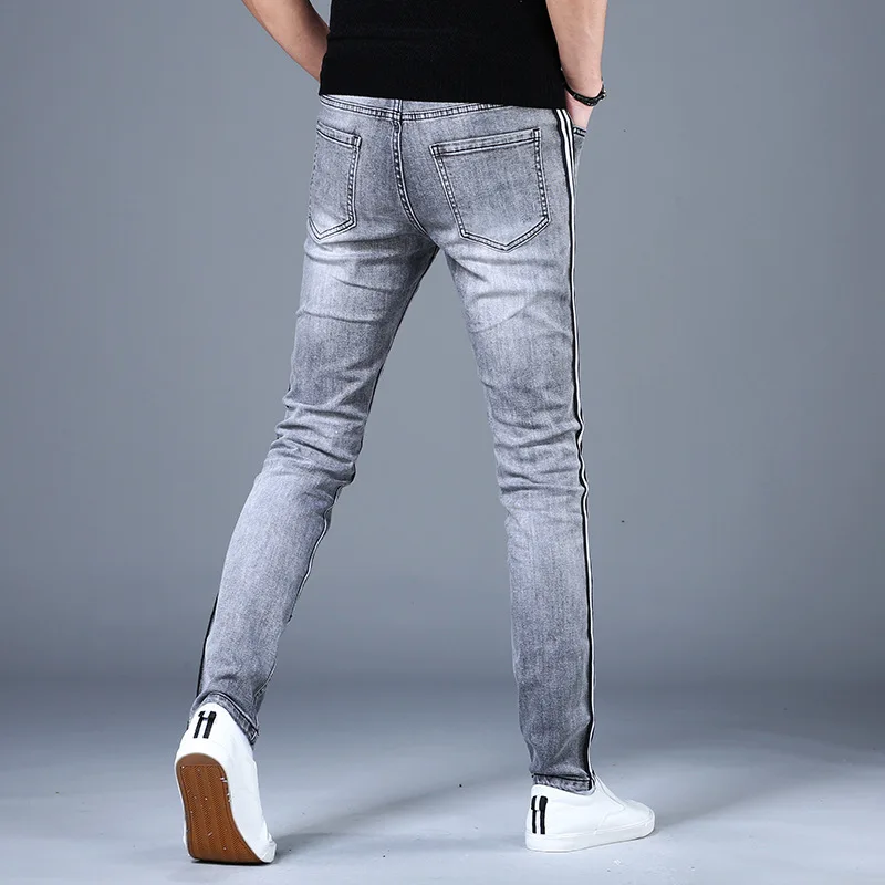 2024 New High-End Striped Jeans Men's Fashion Korean Style Fashionable Stretch Soft Slim Fit Skinny Casual Versatile Trousers