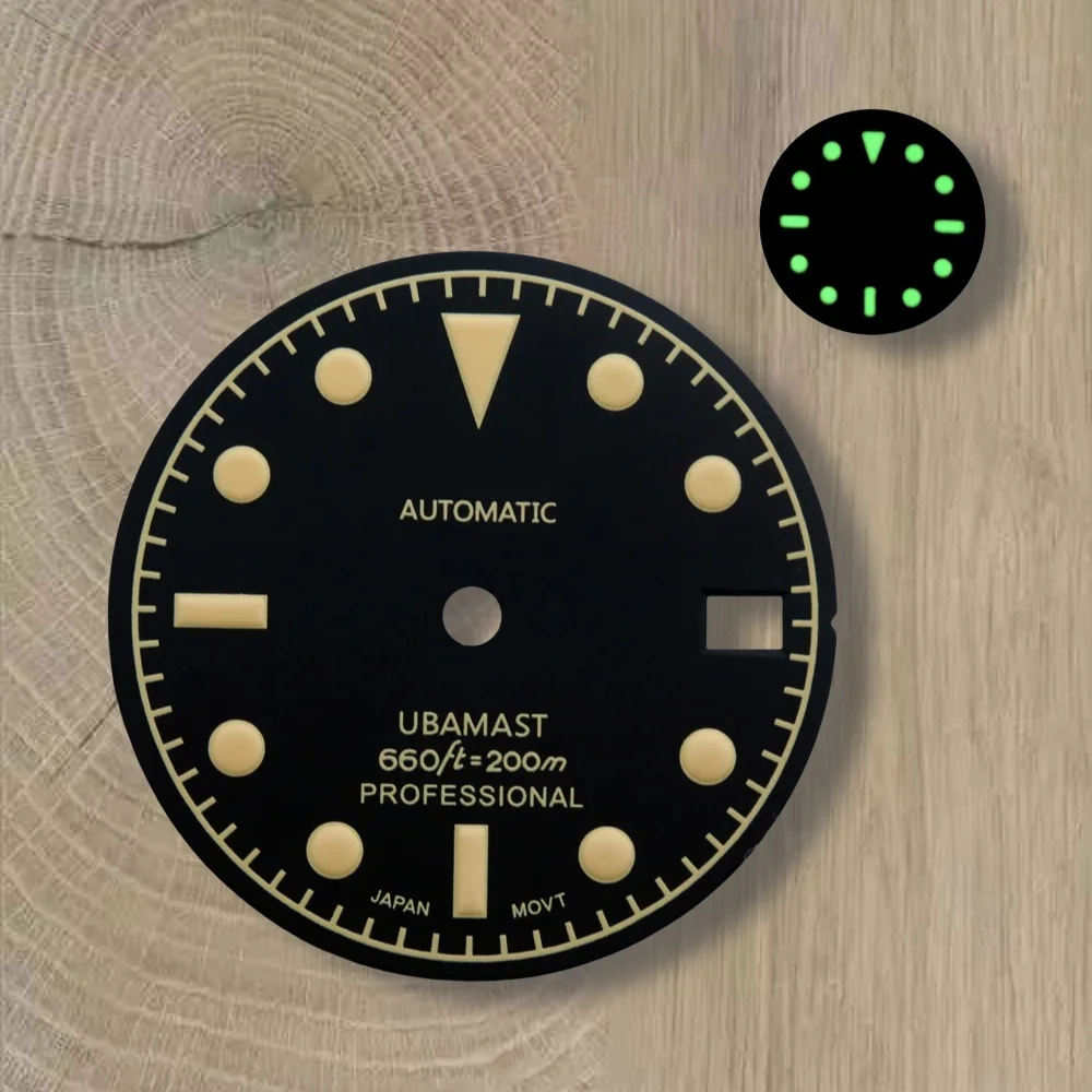 

28.5mm Retro SUB Dial S Logo NH35 Dial Fit 3/3.8/4.2 O'clock Crown Green Luminous Watches Accessories For NH35/NH36 Movement