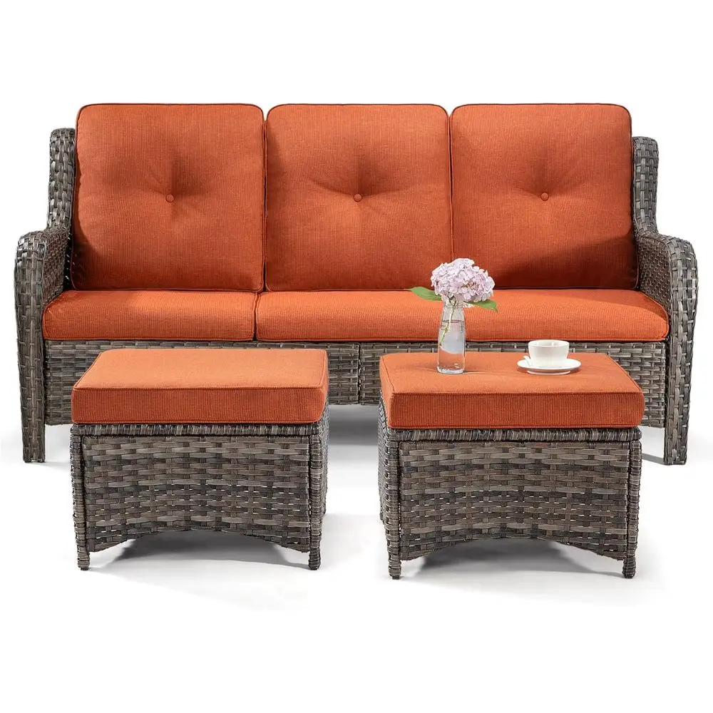 

3-Piece Outdoor Wicker Furniture Set with 3-Seat Sofa and 2 Ottomans, Orange