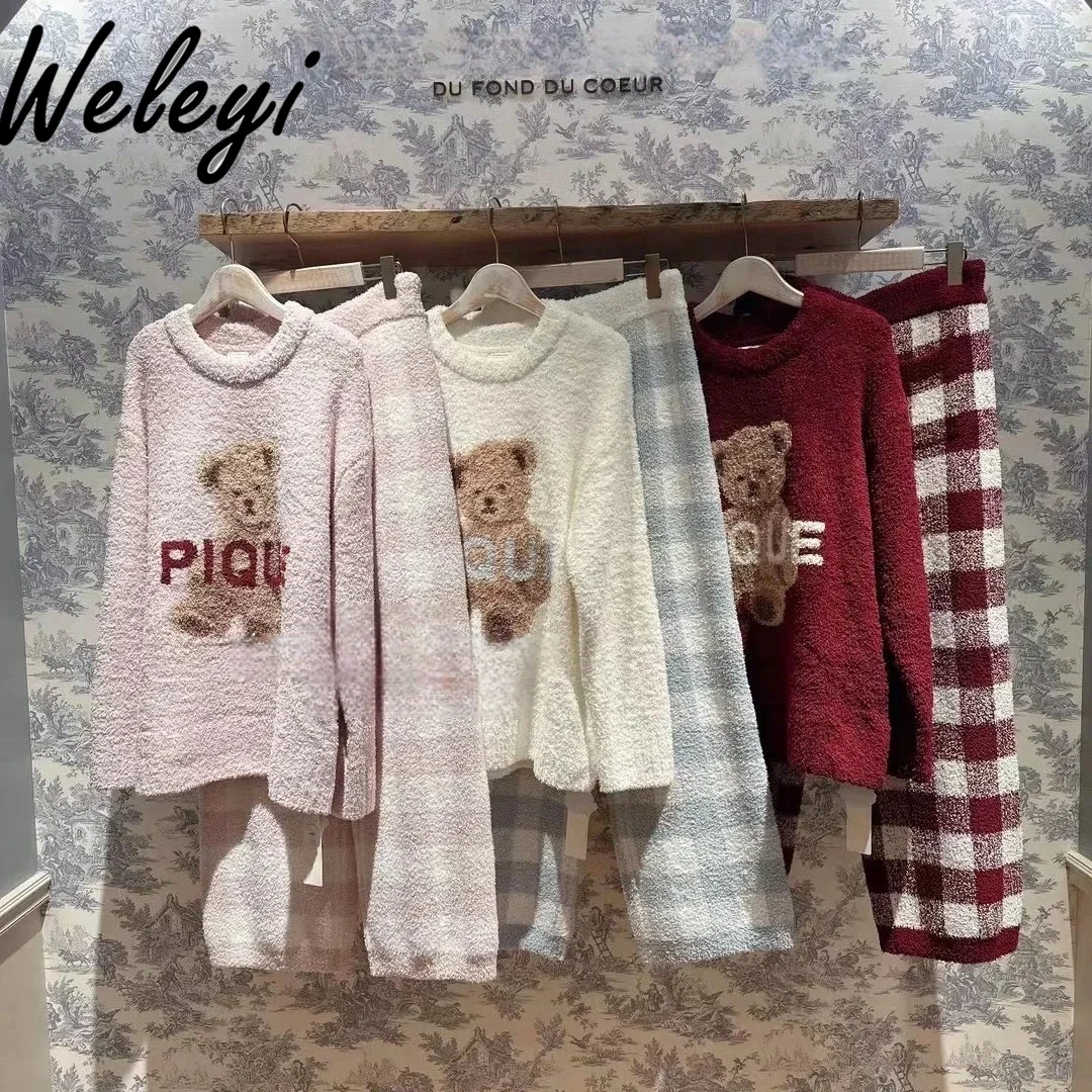 Cute GP Japanese Soft Loungewear Women Winter Warm New Year Christmas Red Sweet Bear Plaid Half Velvet Pijama Mujer Sleep Wears