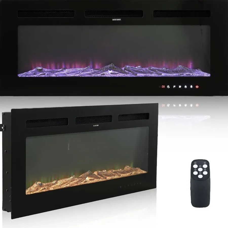 

Электрический камин, настенный и встраиваемый, 42-дюймовый светодиодный камин с дистанционным управлением, таймер 8 часов, 12 пламя, сенсорный экран, настенный F