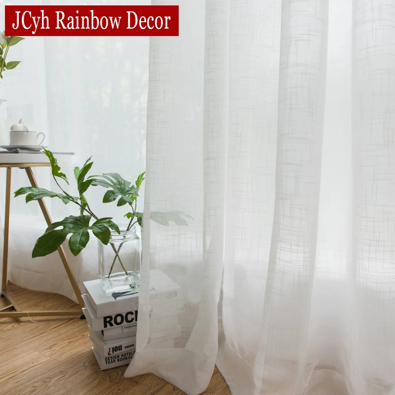 Linen Look White Tulle Window Curtains for Living room Sheer Voile Curtains for Bedrrom Japan Farmhouse Crushed Solid Drapes