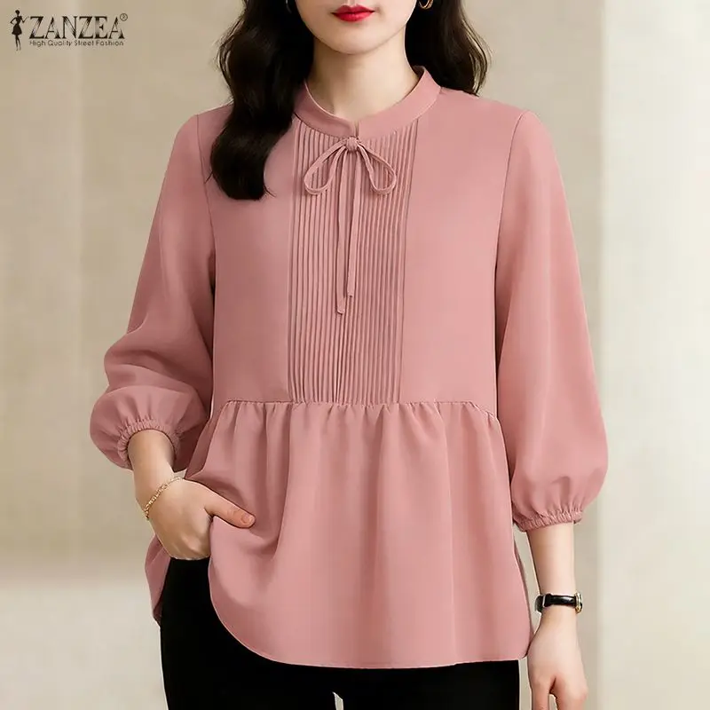 

2026 ZANZEA Women Fashion Blouse Spring Stand Collar Solid Shirts Casual Loose 3/4 Sleeve Elegant Office Streetwear Blusas Femme