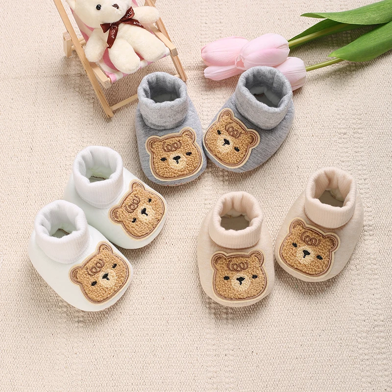 Baby Winter Sock Shoes Cartoon Bear Patch Fleece Lined Cuff Non Slip Soft Sole Infant Newborn Indoor Warm Crib Booties 0-18M