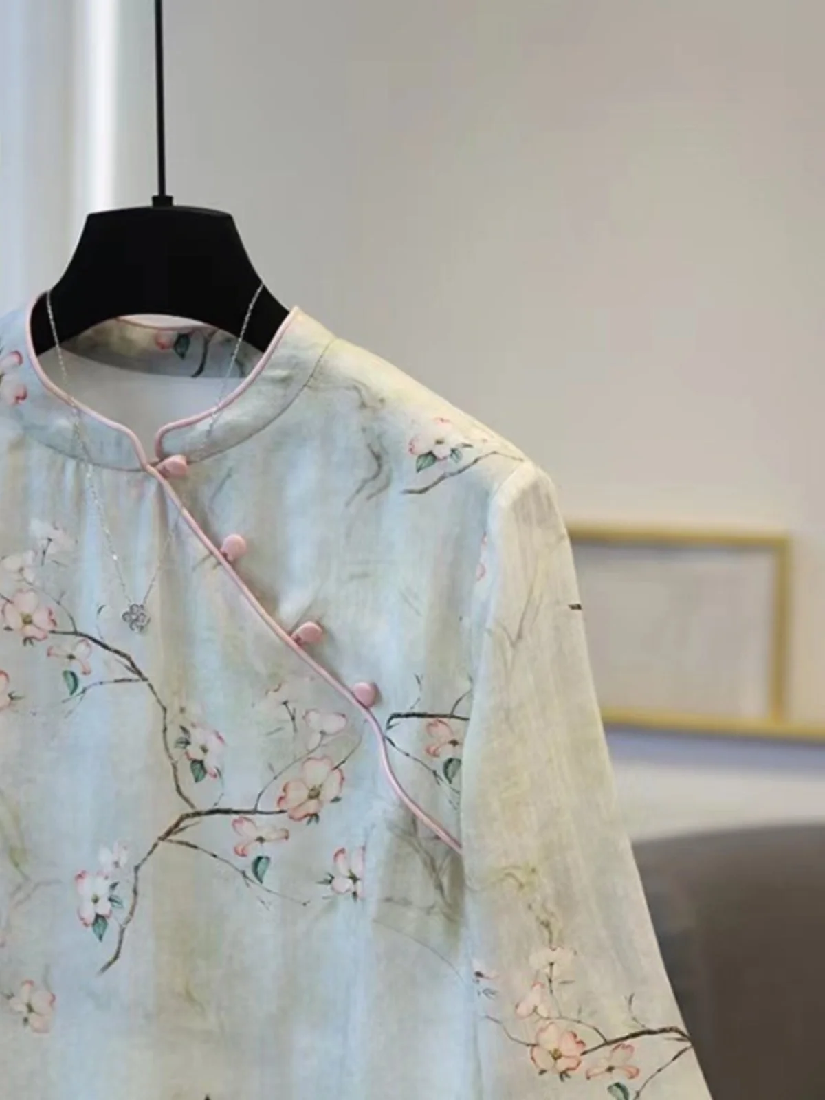 New Chinese Style Cotton Linen  Women's Early Autumn New Model National Style High-End Sensation Floral Print Stand ...