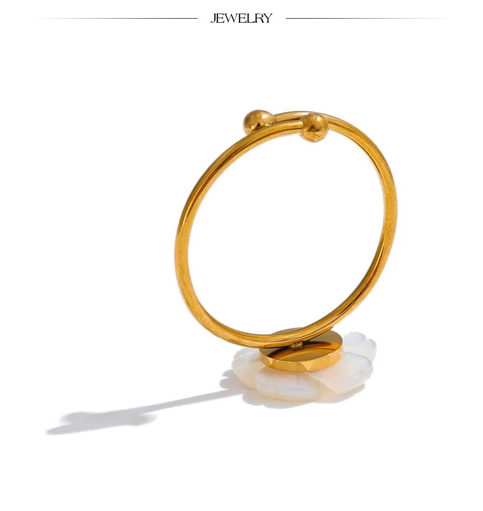 Yhpup Modischer, verstellbarer offener Ring mit natürlicher Muschelblume, süßer Edelstahl, 18 Karat PVD-beschichtet, Sommer- und Alltagsschmuck, Geschenk – Detail 5