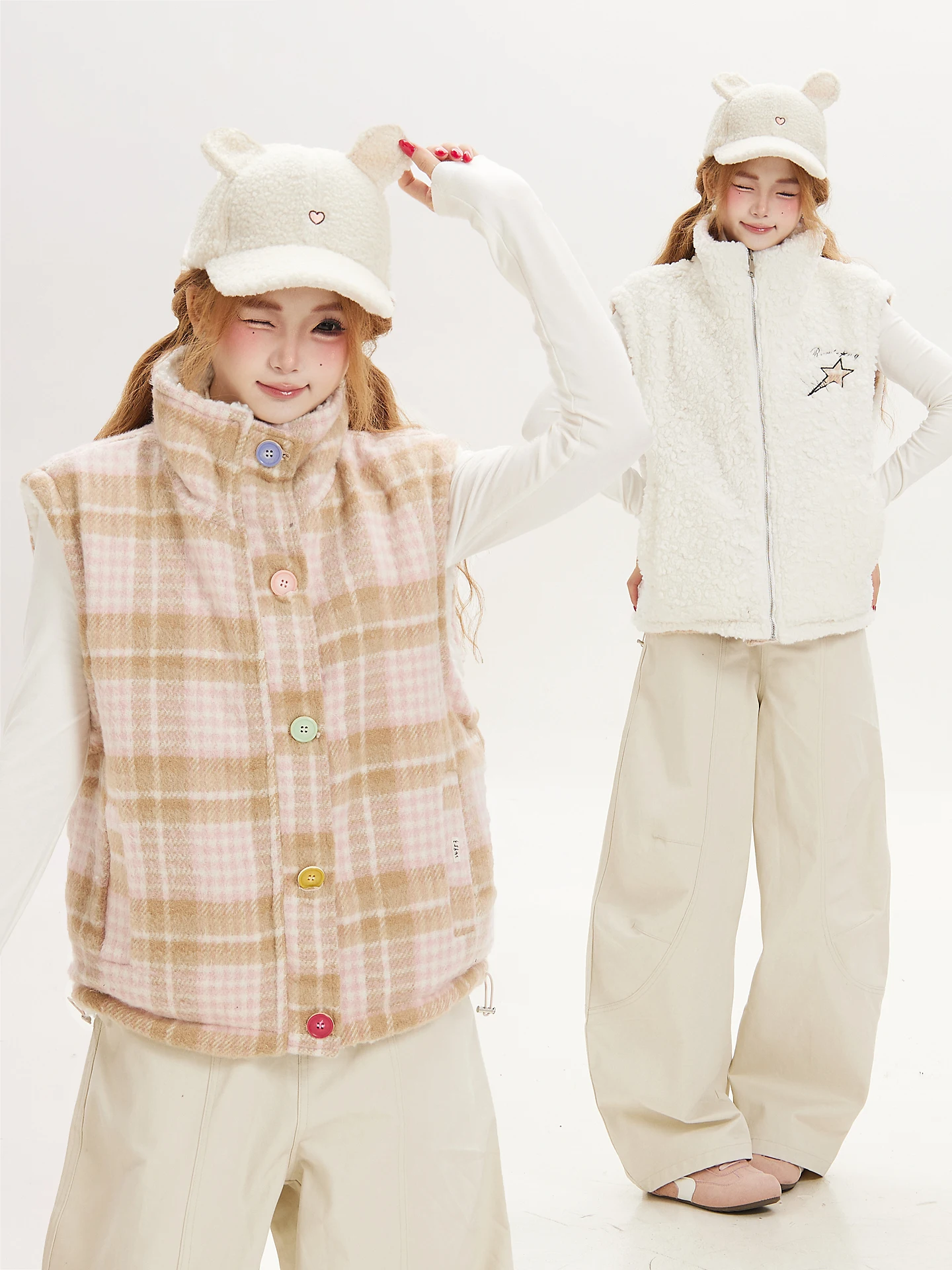 Ant Plaid Woolen Vest Women's Winter Fashion Outerwear Double-Sided Wearable Stand Collar Layering Top Cute Style Long Sleeve