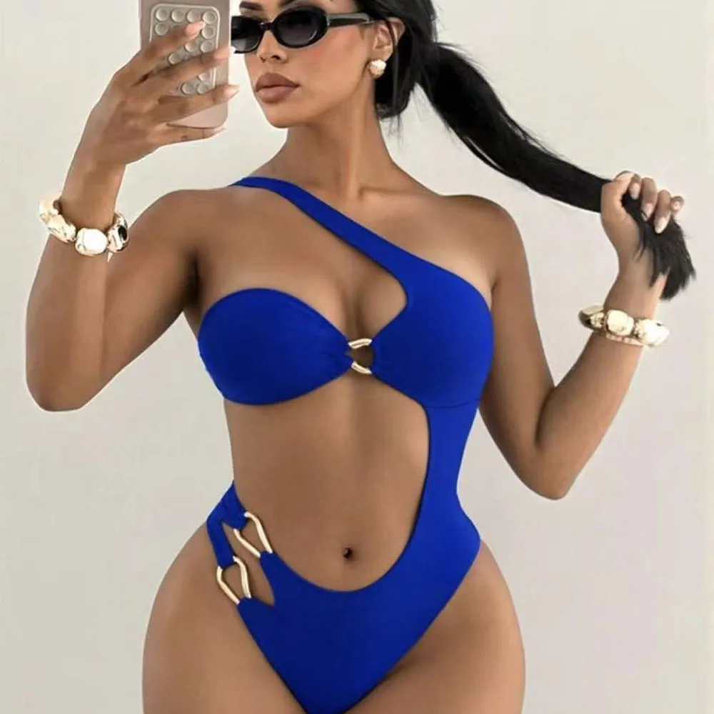 

New Women's Bikini Sexy Single Shoulder Hollow One-Piece Swimsuit Fashionable Metal Ring Decoration Summer Beach Swimsuit New