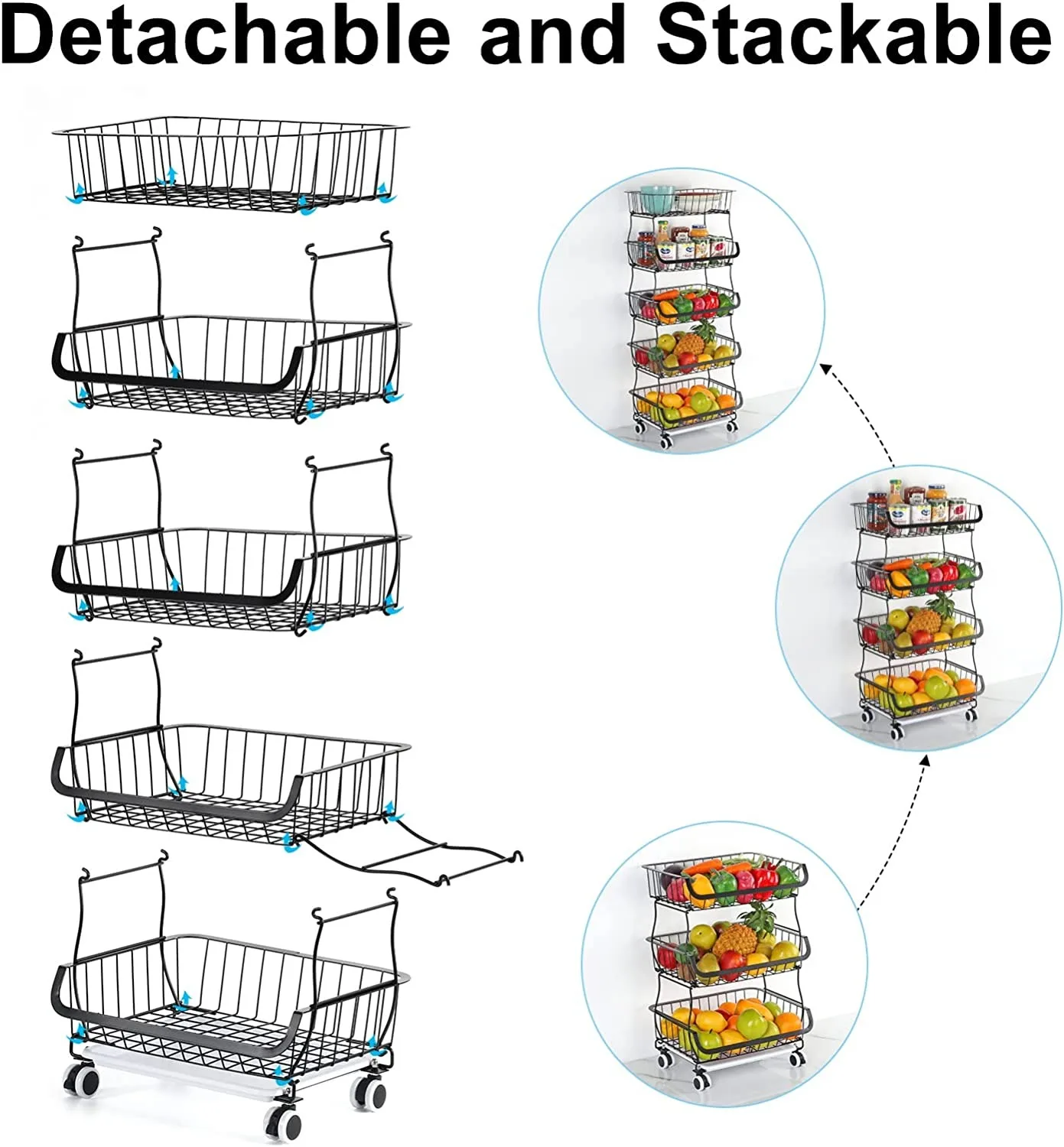 

5 Tier Hanging Fruit Basket Stand, Stacakble Produce Storage Carts on Wheels with Storage for Kitchen Counter Pantry