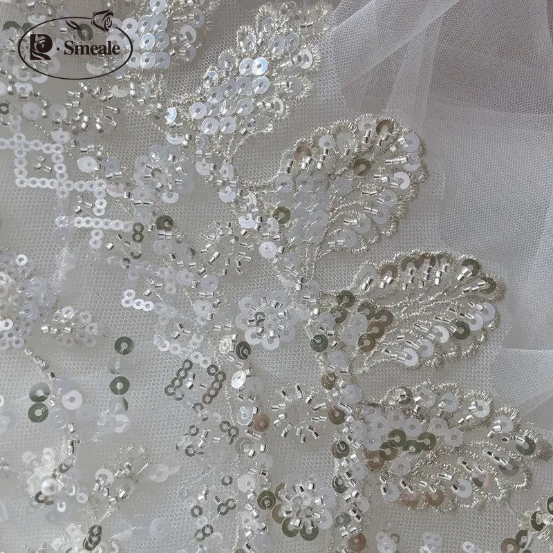 3D Lace Fabric off white Beaded Sequin Wedding Dress Advanced Custom-made Sewing Fabric