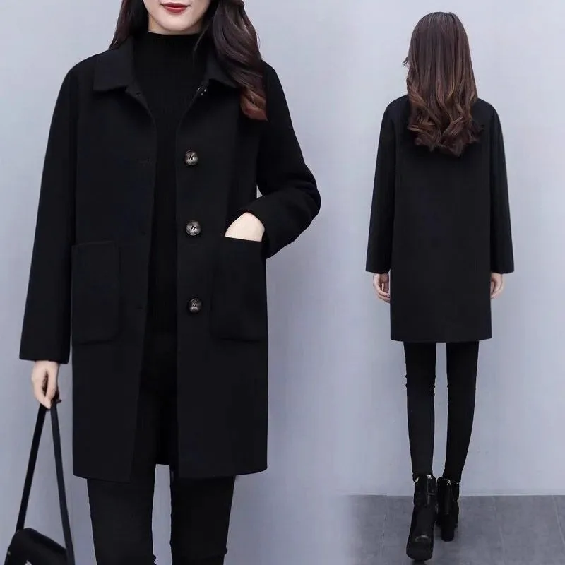 Women Thick Wool Blend Coat Autumn Winter Mid Length Lapel Single Breasted Slim Fit Casual Warm Outerwear