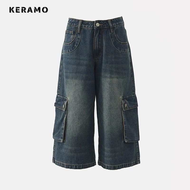 Casual Eclectic ตรงกางเกงยีนส์กางเกงผู้หญิง Y2K Grunge 2000s Street Retro เอวสูงกางเกงยีนส์ Vintage กระเป๋าลูกวัวความยาวกางเกง