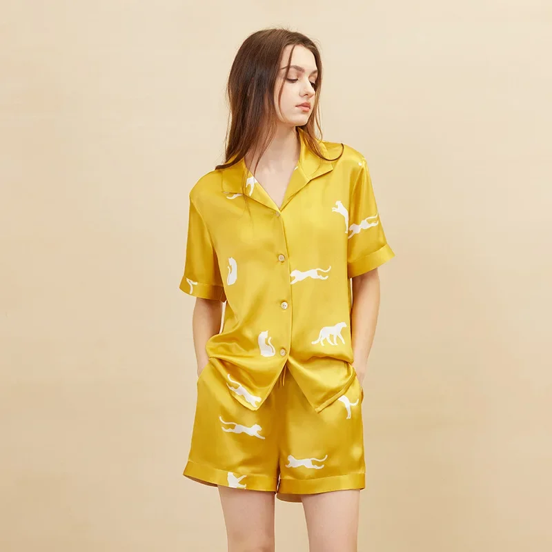 Leopard 19 Momme 100% Mulberry Silk Short Pajama Set Women Short Sleeve Top & Shorts Sleepwear Pajamas Summer Casual Nightwear